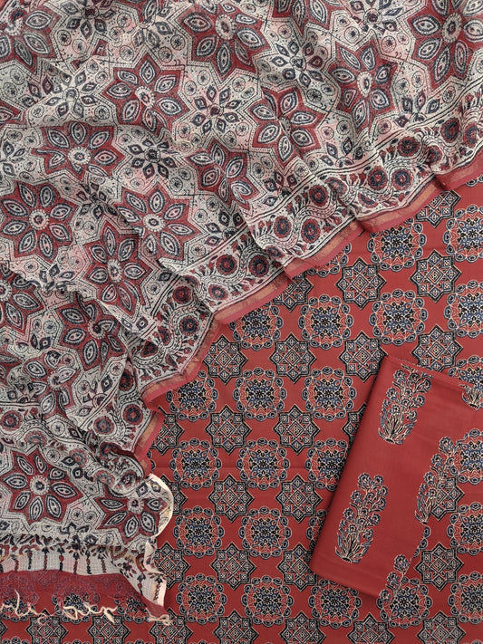 AJRAKH Printed Cotton Suit with Cotton Kota Doria dupattta