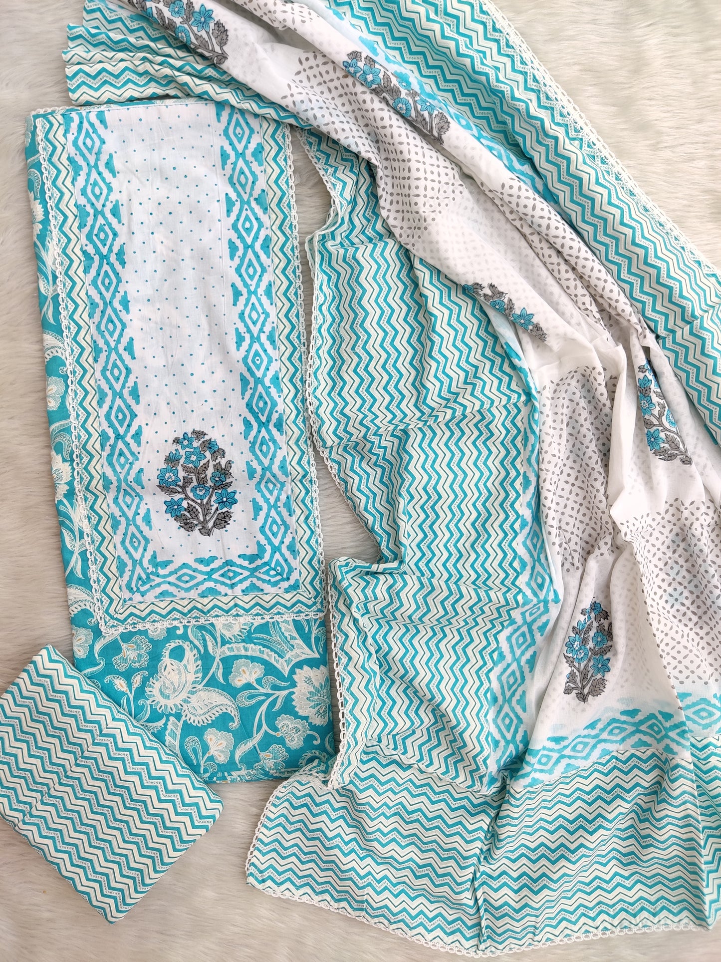Exclusive Cotton Printed Neck Work Suits with mulmul dupatta