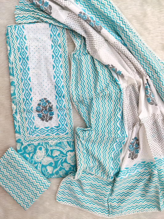 Exclusive Cotton Printed Neck Work Suits with mulmul dupatta