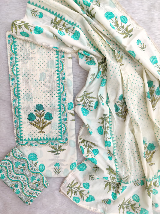 Exclusive Cotton Printed Neck Work Suits with mulmul dupatta
