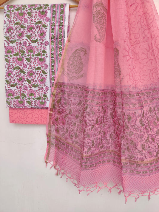 Hand Block Printed Cotton Suit with Cotton Kota Doria dupatta