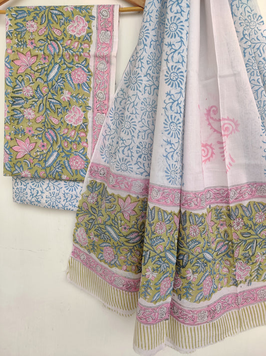 Hand Block Printed Cotton Suit With Mulmul Cotton Dupatta