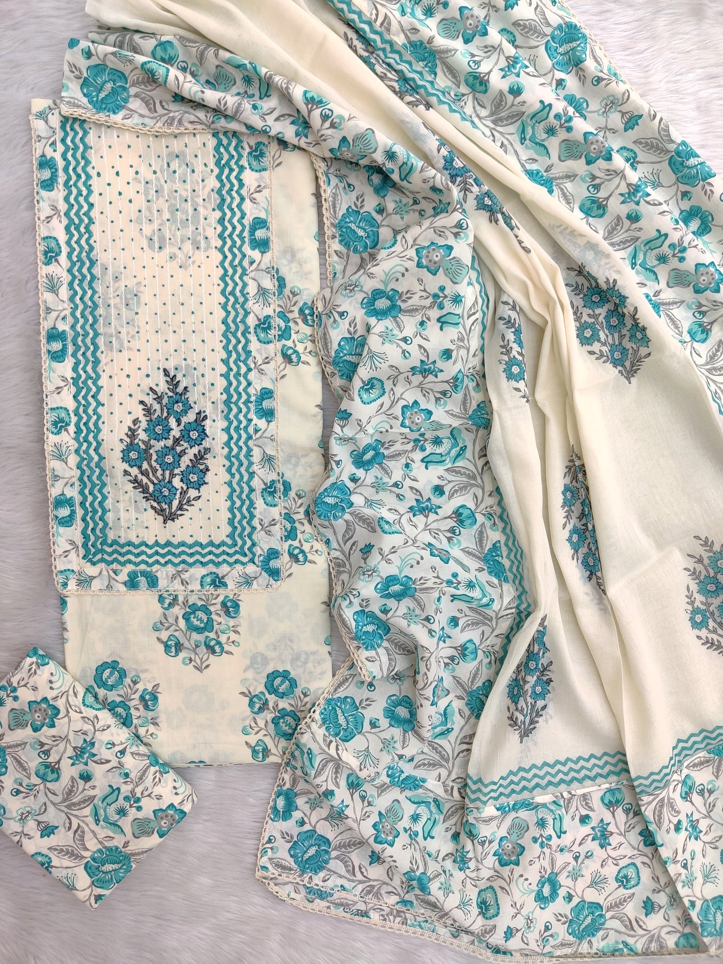 Exclusive Cotton Printed Neck Work Suits with mulmul dupatta