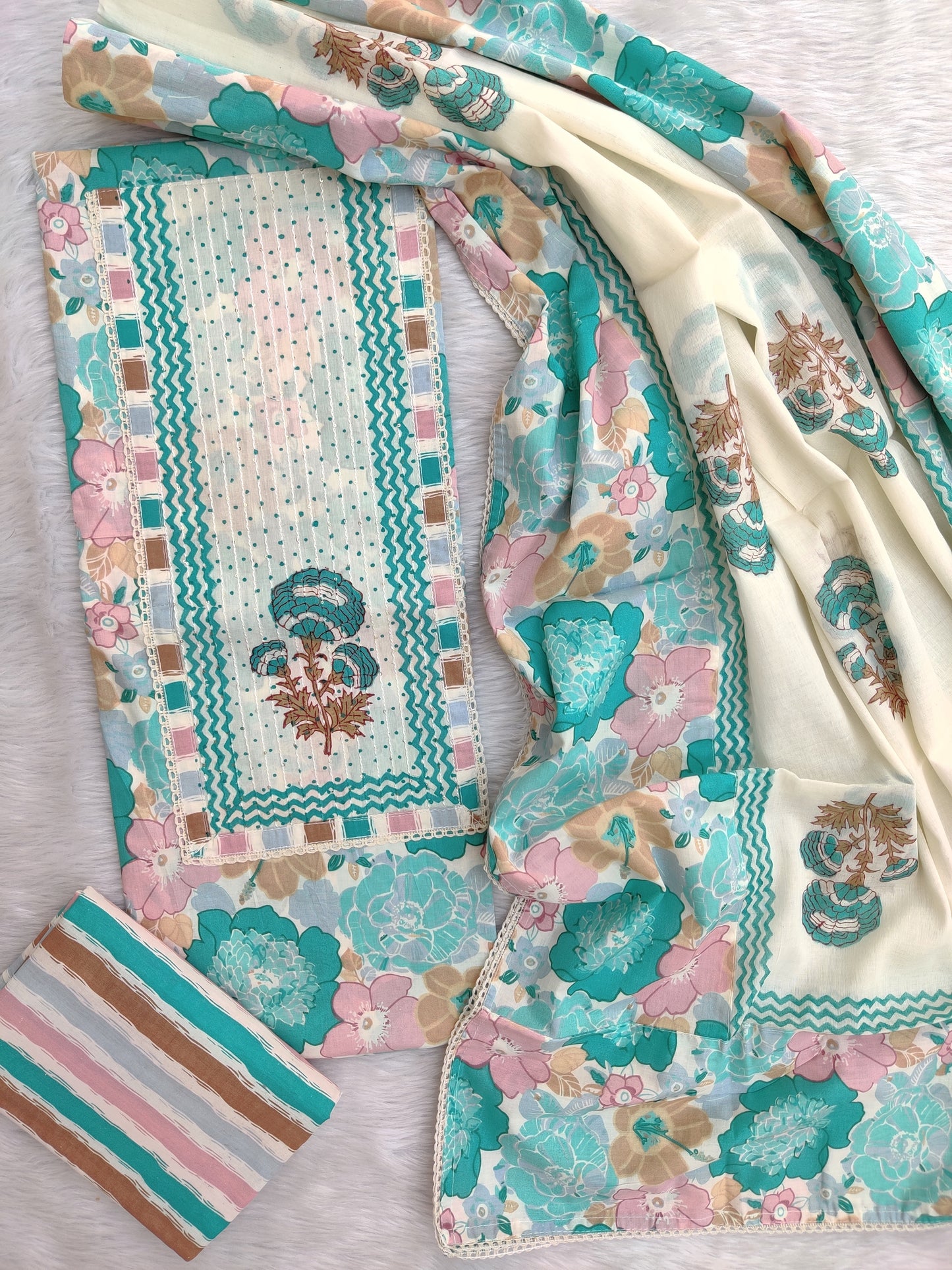 Exclusive Cotton Printed Neck Work Suits with mulmul dupatta