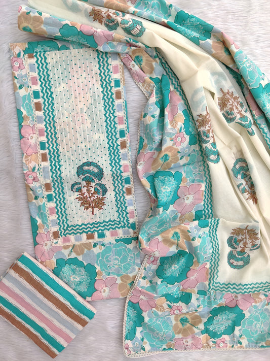 Exclusive Cotton Printed Neck Work Suits with mulmul dupatta