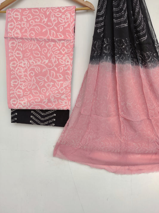 (SALE) HAND BLOCK PRINTED COTTON SUIT WITH PURE CHIFFON DUPATTA