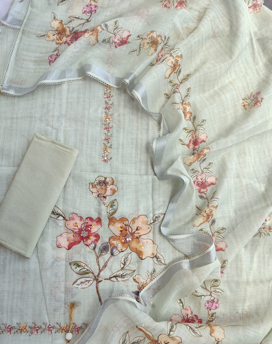 Exclusive Unstitched Linen Neck Work Suits with Linen Digital Printed Dupatta