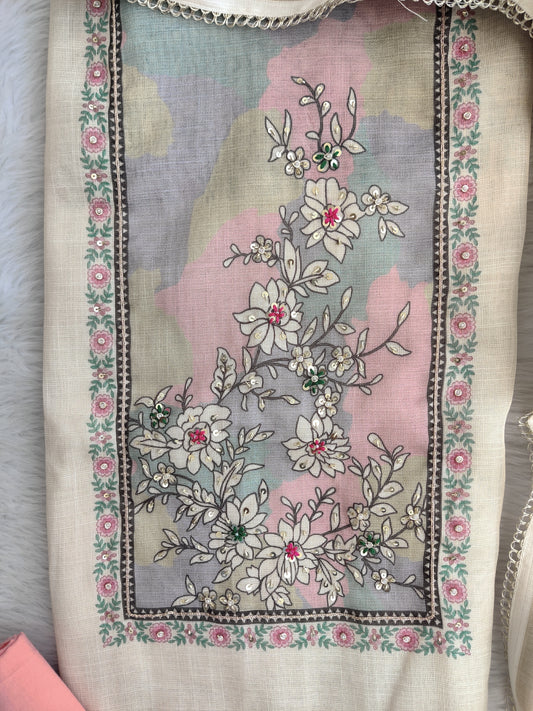 Exclusive Unstitched Linen Neck Work Suits with Linen Digital Printed Dupatta