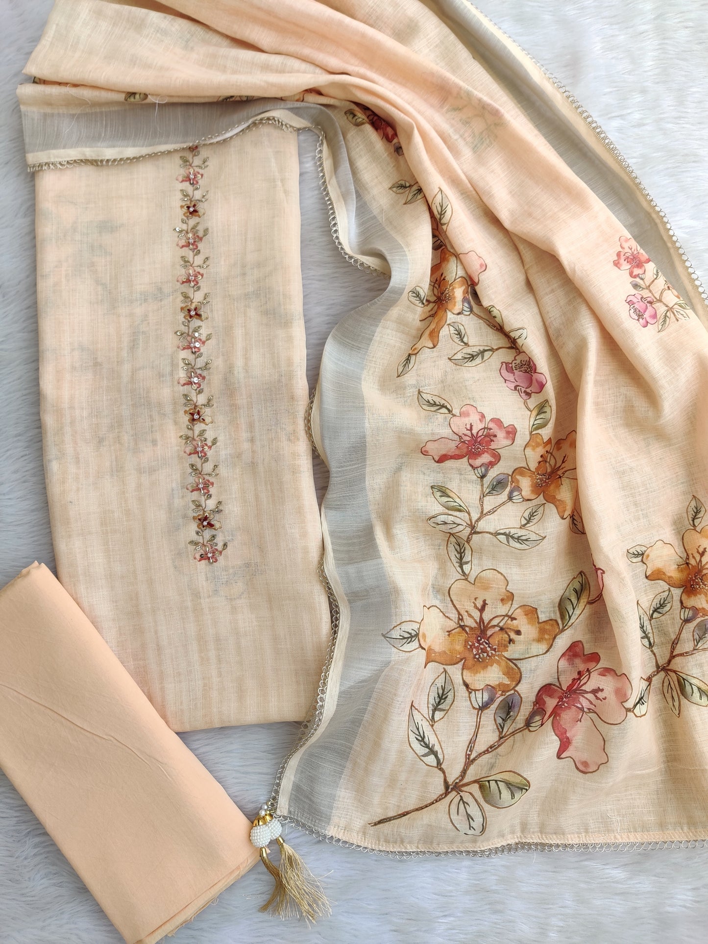 Exclusive Unstitched Linen Neck Work Suits with Linen Digital Printed Dupatta