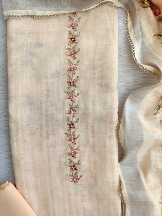 Exclusive Unstitched Linen Neck Work Suits with Linen Digital Printed Dupatta