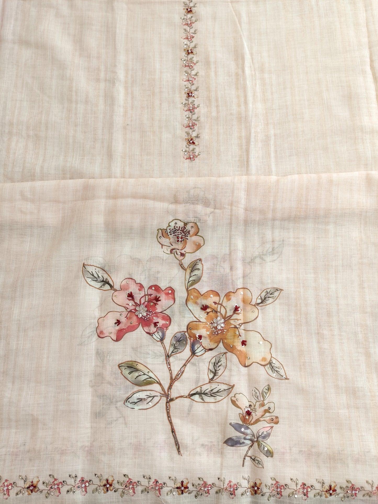 Exclusive Unstitched Linen Neck Work Suits with Linen Digital Printed Dupatta