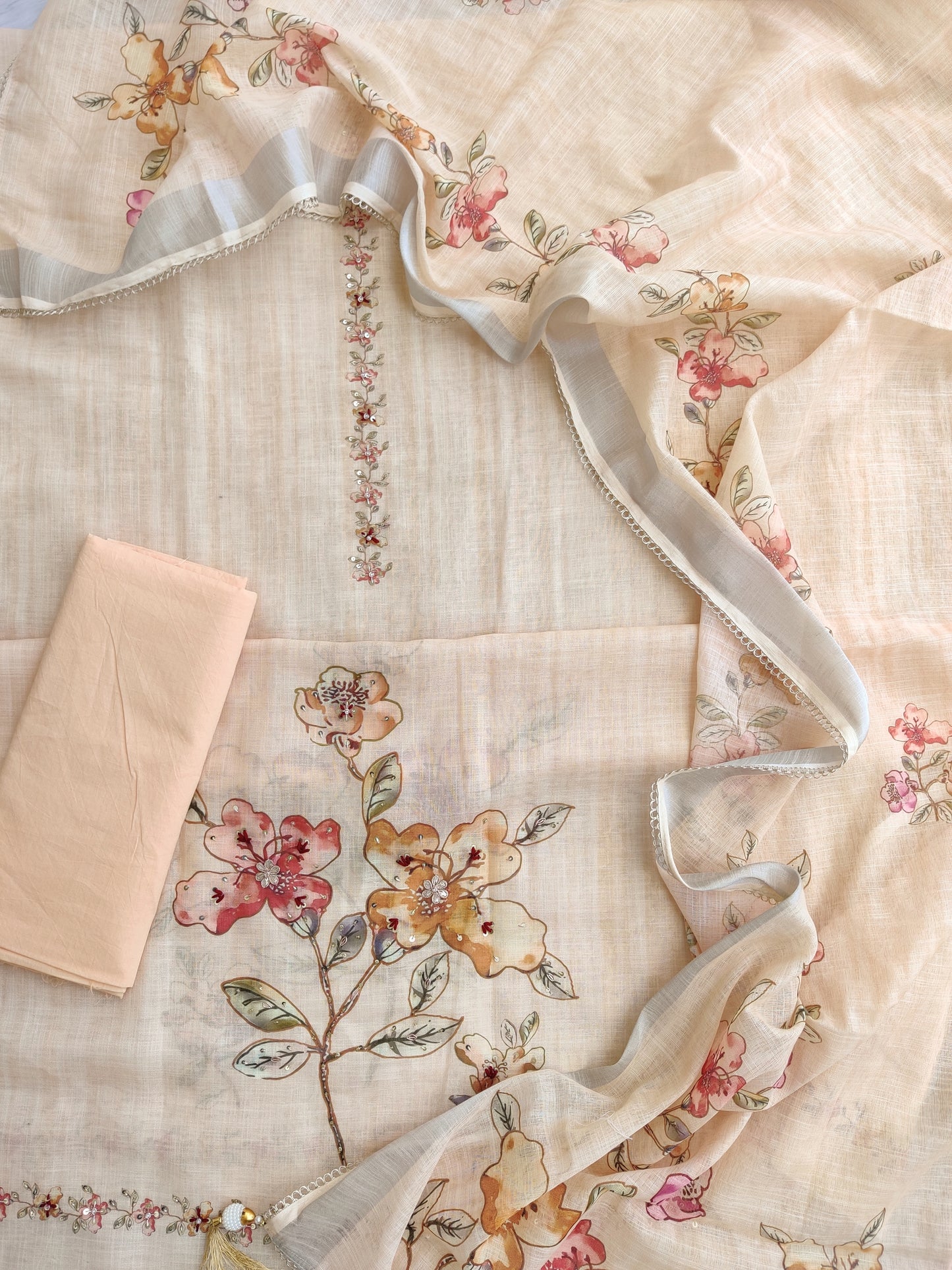 Exclusive Unstitched Linen Neck Work Suits with Linen Digital Printed Dupatta