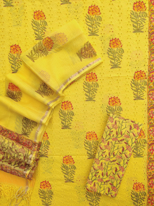 Hand Block Printed Cotton Schiffli Suit with Kota Doria Dupatta