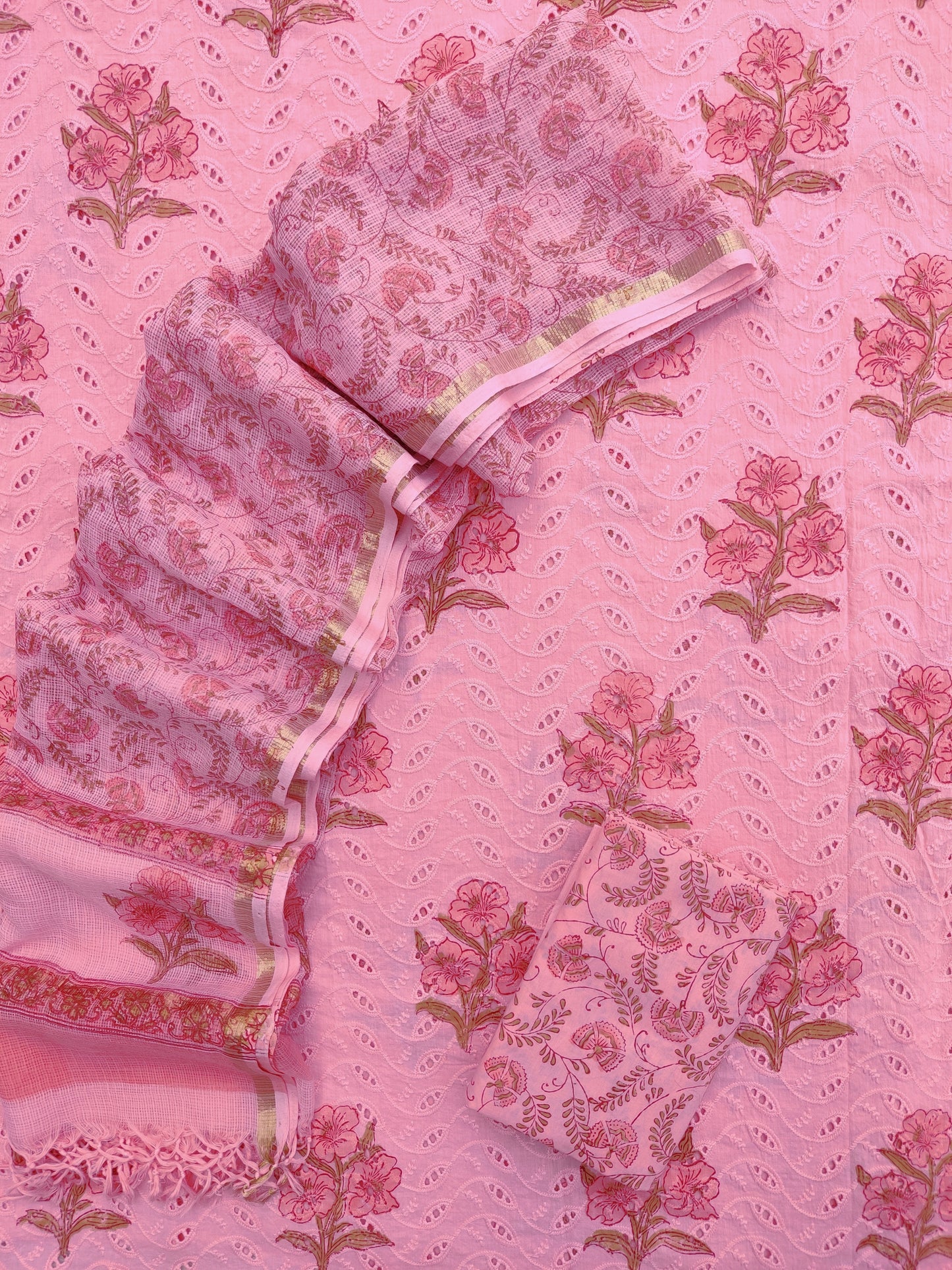 Hand Block Printed Cotton Schiffli Suit with Kota Doria Dupatta