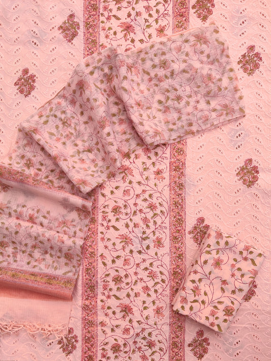 Hand Block Printed Cotton Schiffli Suit with Kota Doria Dupatta
