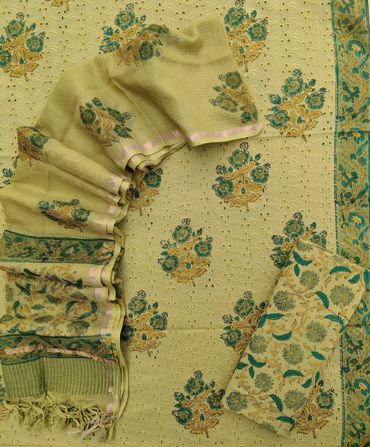 Hand Block Printed Cotton Schiffli Suit with Kota Doria Dupatta