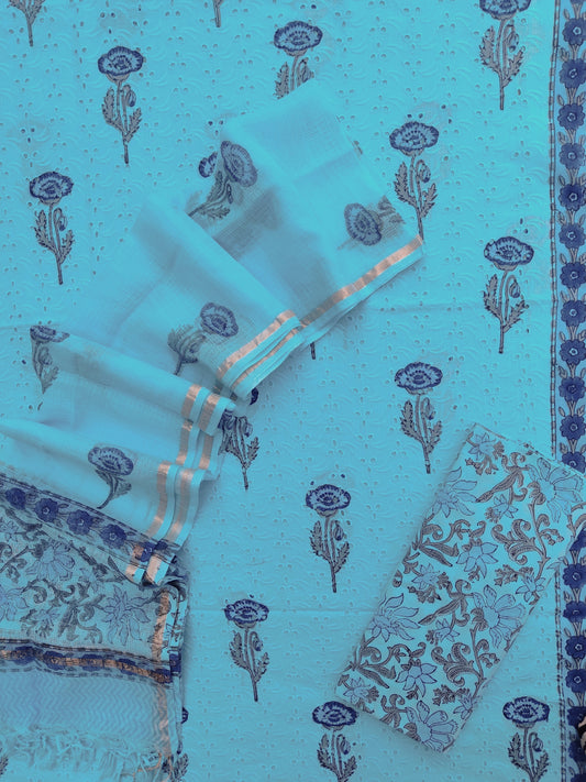 Hand Block Printed Cotton Schiffli Suit with Kota Doria Dupatta