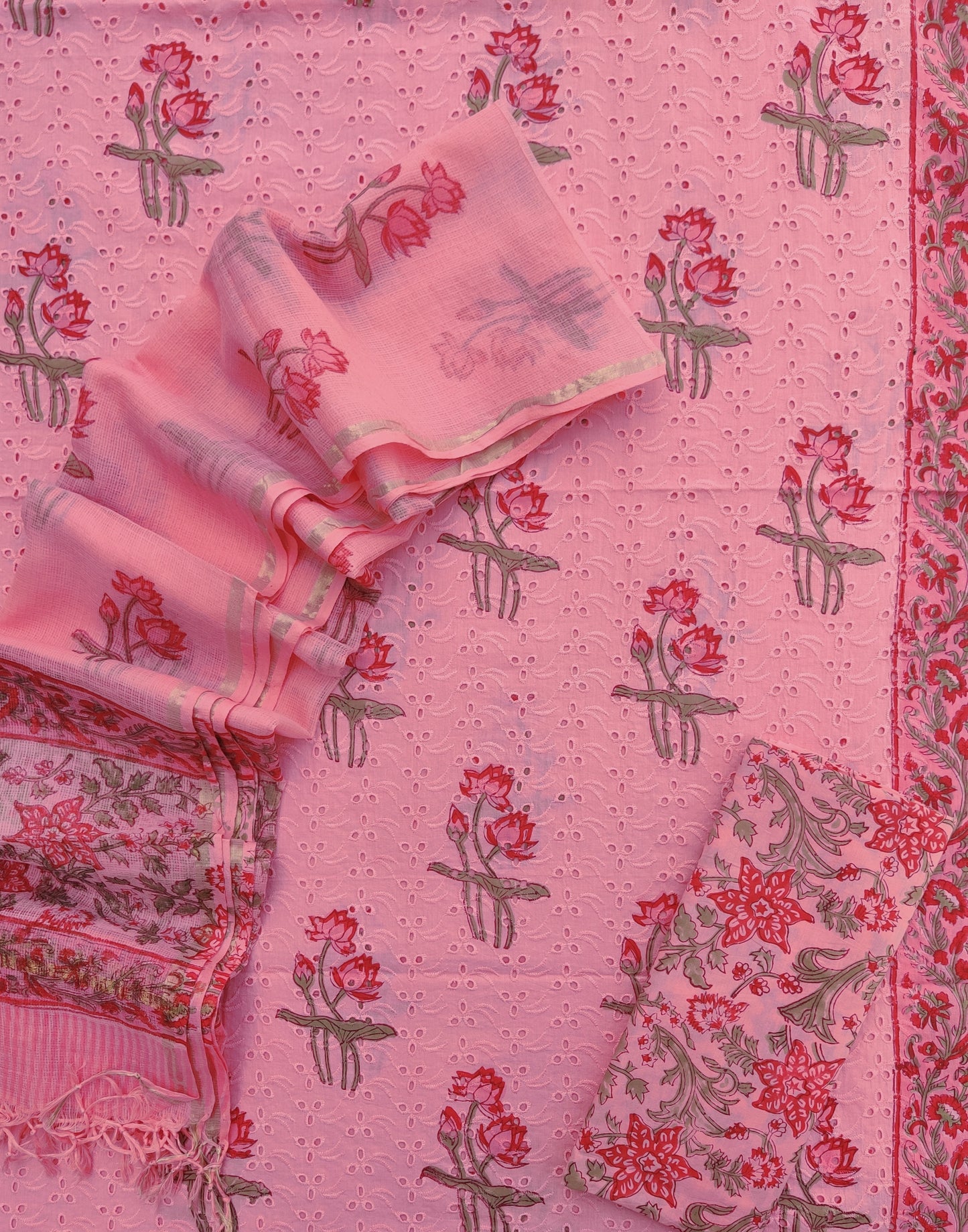 Hand Block Printed Cotton Schiffli Suit with Kota Doria Dupatta