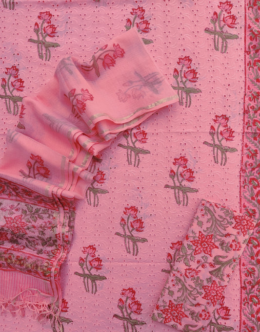 Hand Block Printed Cotton Schiffli Suit with Kota Doria Dupatta