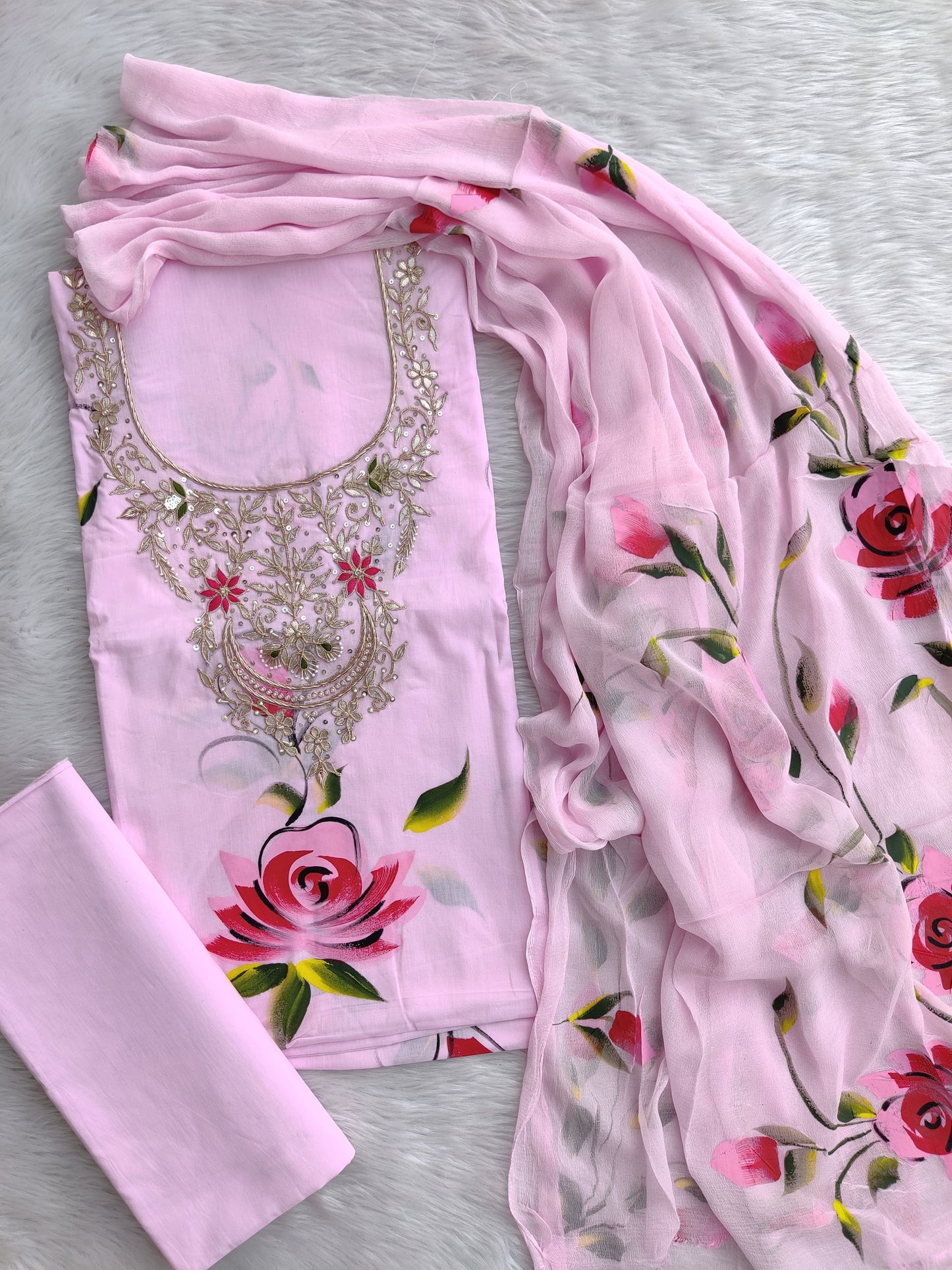 (SALE) FLORAL PRINTED COTTON GOTA PATTI SUIT WITH CHIFFON DUPATTA