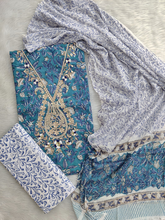 (SALE) FLORAL PRINTED COTTON GOTA PATTI SUIT WITH CHIFFON DUPATTA