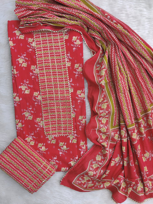 (SALE) Exclusive Cotton Printed Neck Work Suits with mulmul dupatta