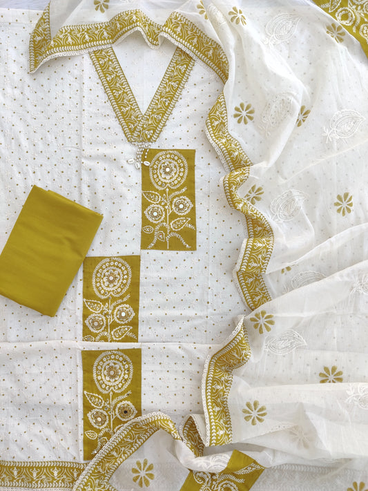 NEW LAUNCH            Exclusive Unstitched Cotton Neck Work Suits with Mulmul Dupatta