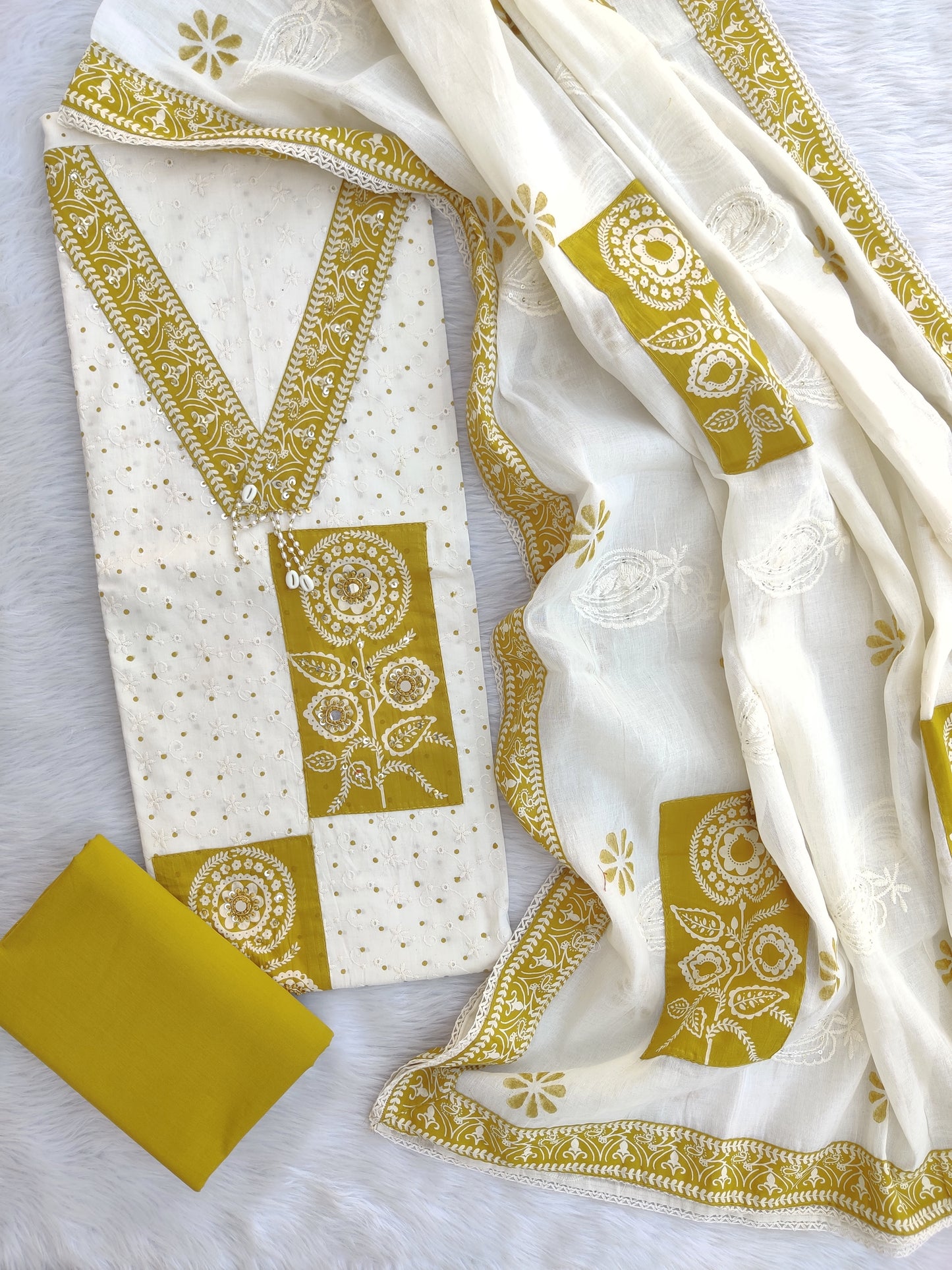 NEW LAUNCH            Exclusive Unstitched Cotton Neck Work Suits with Mulmul Dupatta