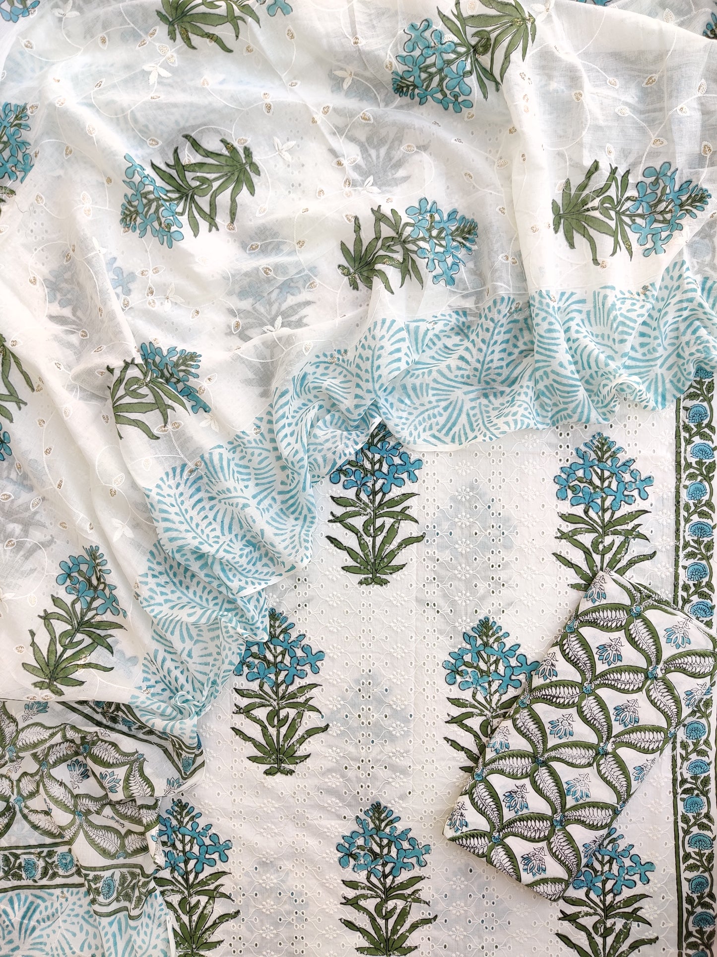 Hand Block Printed Cotton Schiffli Suit with Mulmul Embroidery Dupatta