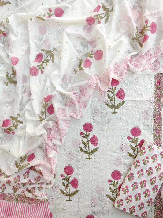 Hand Block Printed Cotton Schiffli Suit with Mulmul Embroidery Dupatta