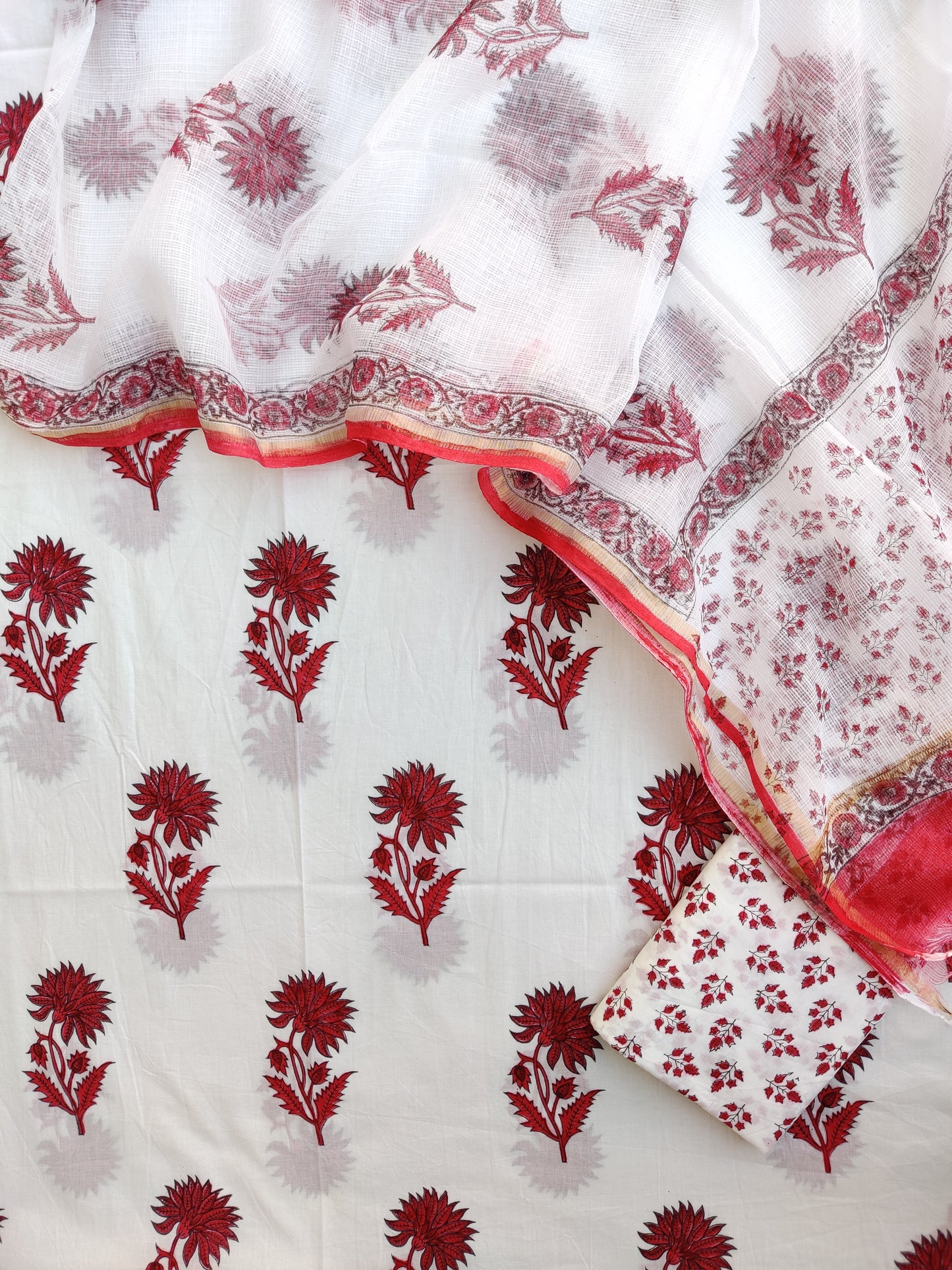 RED BOOTA Hand Block Printed Cotton Suit with Cotton Kota Doria dupatta