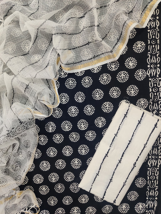 (SALE) Hand Block Printed Cotton Suit with Cotton Kota Doria dupatta