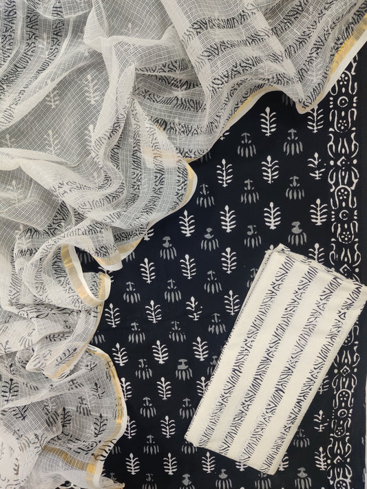 (SALE) Hand Block Printed Cotton Suit with Cotton Kota Doria dupatta