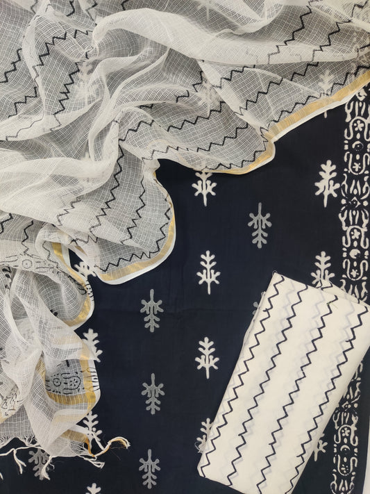 (SALE) Hand Block Printed Cotton Suit with Cotton Kota Doria dupatta