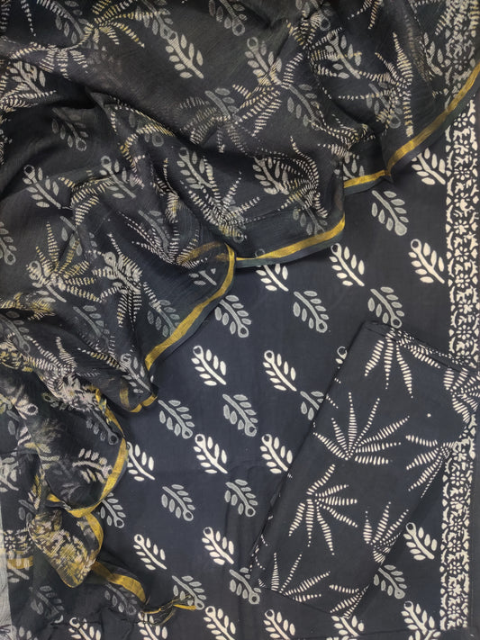 (SALE) Hand Block Printed Cotton Suit with Cotton Kota Doria dupatta
