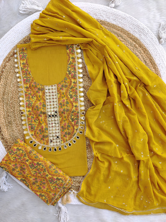 COTTON MIRROR WORK SUIT WITH COTTON MULMUL EMBROIDERY DUPATTA