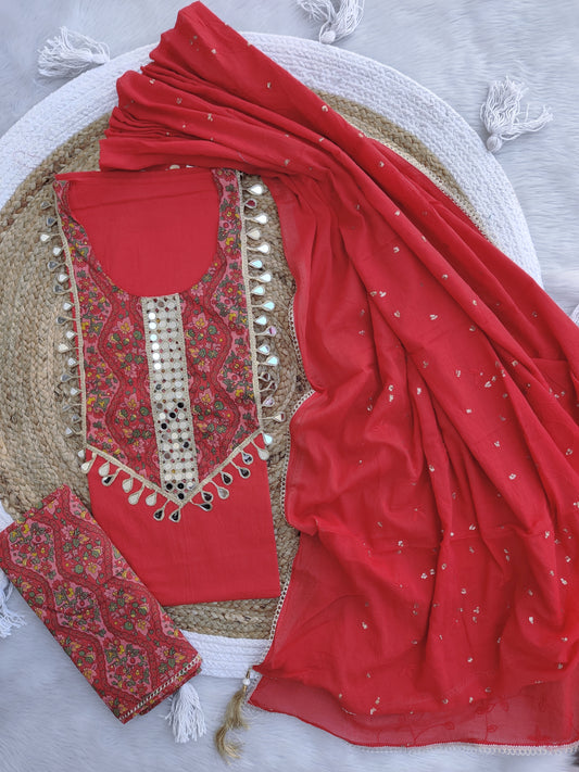 COTTON MIRROR WORK SUIT WITH COTTON MULMUL EMBROIDERY DUPATTA