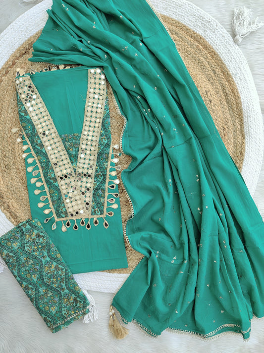 COTTON MIRROR WORK SUIT WITH COTTON MULMUL EMBROIDERY DUPATTA