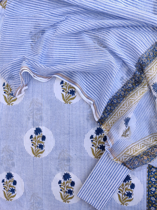 (BOOTA) Hand Block Printed Cotton Suit with Cotton Kota Doria dupatta