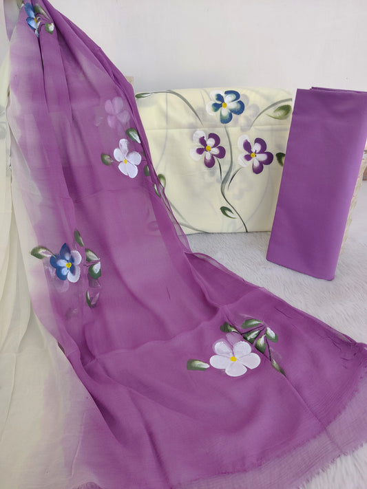 HAND PAINTED COTTON SUIT WITH PURE CHIFFON DUPATTA