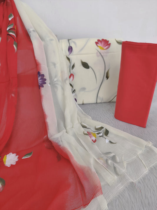 HAND PAINTED COTTON SUIT WITH PURE CHIFFON DUPATTA