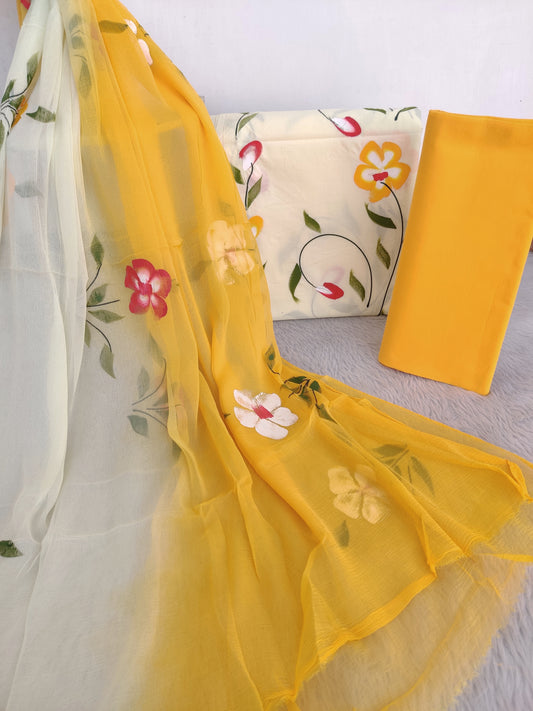HAND PAINTED COTTON SUIT WITH PURE CHIFFON DUPATTA