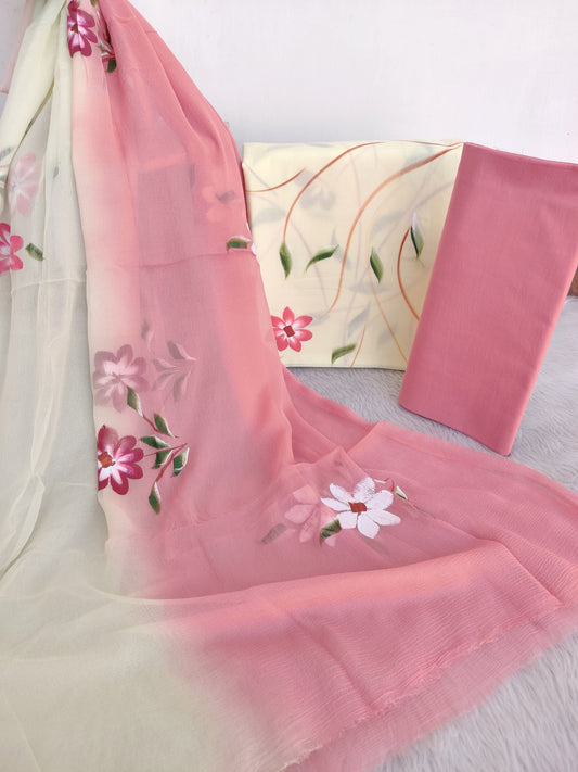HAND PAINTED COTTON SUIT WITH PURE CHIFFON DUPATTA