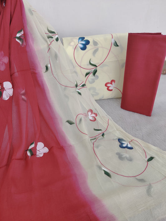 HAND PAINTED COTTON SUIT WITH PURE CHIFFON DUPATTA