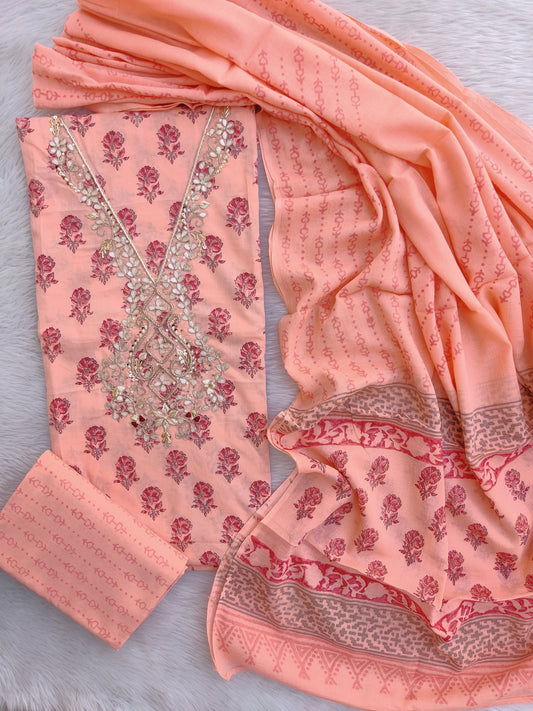 FLORAL PRINTED COTTON GOTA PATTI SUIT WITH COTTON DUPATTA
