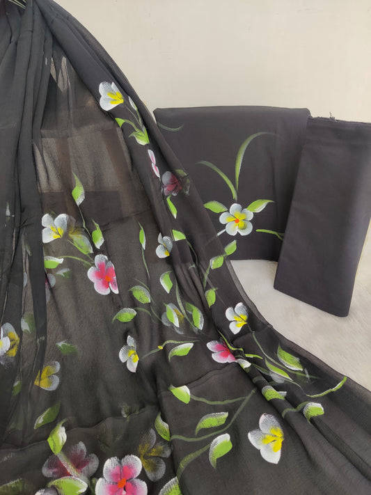 HAND PAINTED COTTON SUIT WITH PURE CHIFFON DUPATTA