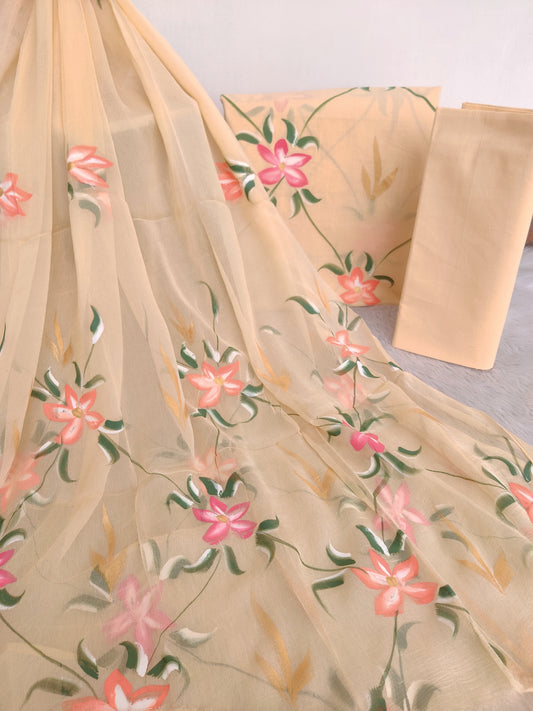 HAND PAINTED COTTON SUIT WITH PURE CHIFFON DUPATTA