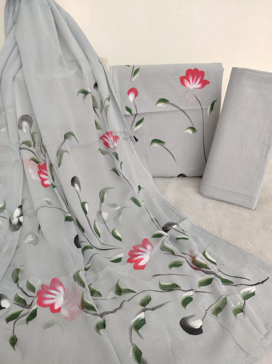 HAND PAINTED COTTON SUIT WITH PURE CHIFFON DUPATTA