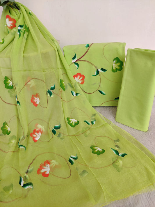 HAND PAINTED COTTON SUIT WITH PURE CHIFFON DUPATTA