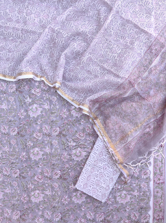 Hand Block Printed Cotton Suit with Cotton Kota Doria dupatta